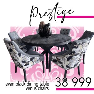 Evan black dining room table & 6 venus chairs